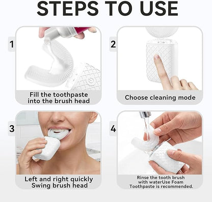 Sonic Electric U Shaped Toothbrush for Adults, Automatic Full Mouth Cleaning Toothbrush, 360° Stain Removal, IPX7 Waterproof Rechargeable, 3 U-Shape & 2 Straight Brush Heads (White - Cup)