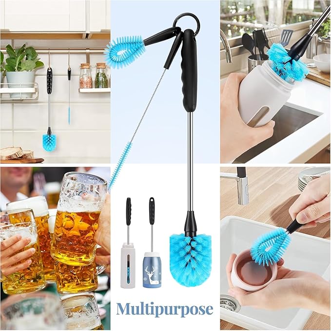 UNIFUN 3-in-1 Stainless Steel Cleaning Brush Set, Long Handle for Narrow Neck Bottles, Sport Bottles, Coffee Mugs, Tumblers, Flask