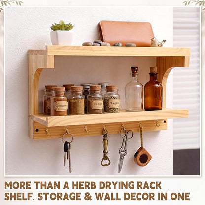 Herb Drying Rack Hanging 3 Tier Wood Flower and Herb Drying Rack Wall Mounted Herbs Dryer Kit with Hooks Labels and Twine for Grass Display Kitchen Garden Home Decor