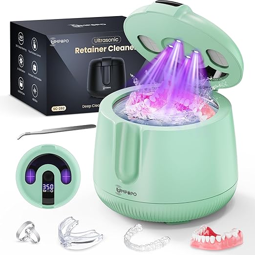 Ultrasonic Retainer Cleaner Machine 48kHz, Dental Cleaning Pod, Ultrasonic Retainer Cleaner for Dentures, Aligners, Mouth Guards, Toothbrush Heads and Jewelry with 200ML Capacity, LAB Supply