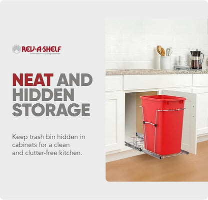 Rev-A-Shelf Pullout Trash Can for Kitchen Cabinets 35 Qt Garbage Waste Recyling Bin with Full Extension Slides, Red, RV-12KD-16C-S