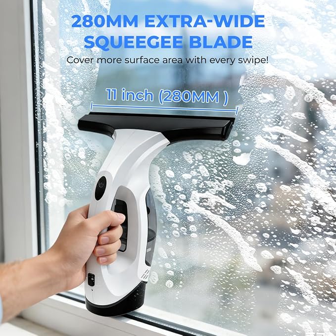 Cordless Window Vacuum Squeegee, Electric Window Cleaner Squeegee with 2000Pa Suction, 280mm Wide Blade, 150ml Tank for Shower Glass, Mirrors, Tiles & Car Windows