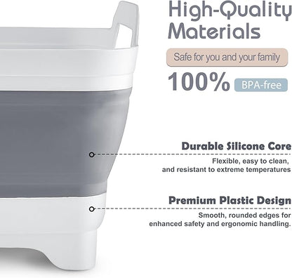 2.4 Gal(9L) Collapsible Dish Basin with Drain Plug, Space Saving Outdoor Multiuse Foldable Sink Tub, Dishpan, Kitchen Storage Tray for Camping, Vegetable Washing, RV (Gray)