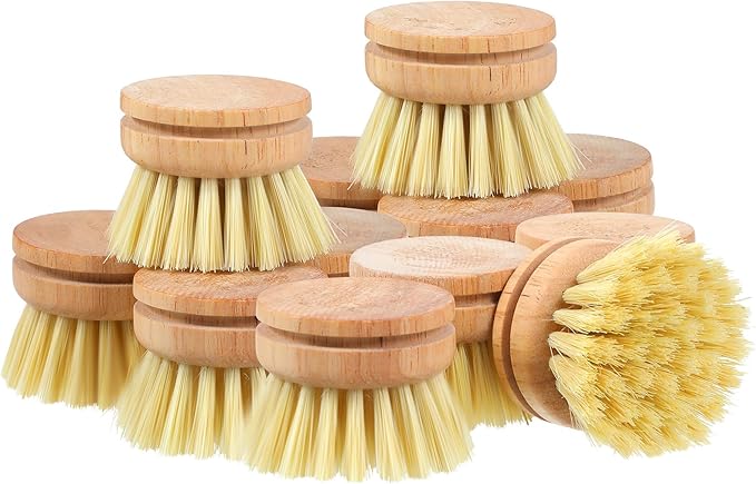 12 Pcs Bamboo Dish Brush Replacement Heads, Wooden Dish Brushes for Cleaning – Kitchen Wood Dish Scrubbers Washing Up Brush Heads Natural Bristle Brush Refills for Dishes, Pots
