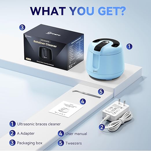 Ultrasonic Retainer Cleaner Machine 48kHz, Dental Cleaning Pod, Ultrasonic Retainer Cleaner for Dentures, Aligners, Mouth Guards, Toothbrush Heads and Jewelry with 200ML Capacity, LAB Supply