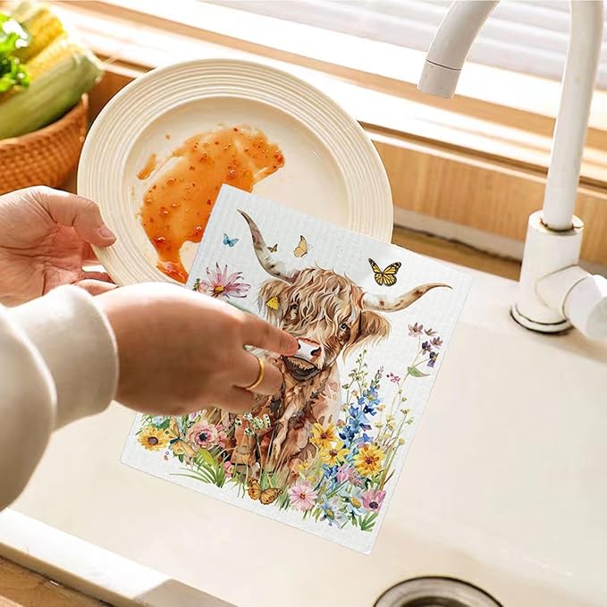 Highland Cow Floral Gifts Swedish Dishcloths for Kitchen, 4 Pack Dish Towels Housewarming Gift for Farmhouse Kitchen, Papaya Reusable Paper Towels Washable