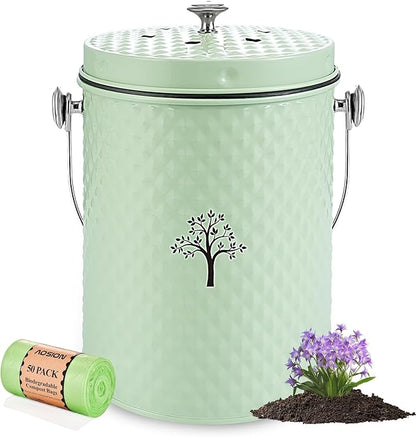 AOSION Countertop Compost Bin Kitchen，Odorless Indoor Compost Bin with Lid and 50 Pack Compost Bags,Compost Bucket Composter Container for Food Waste,Green