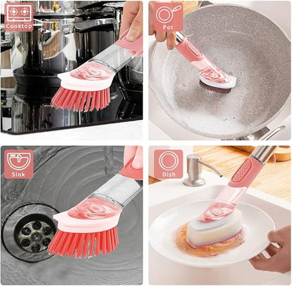 Dish Cleaning Brush, Soap Dispensing Dish Brush Set with 4 Replacement Heads and Storage Holder, Kitchen Scrub Brush for Dish Pot Pan Sink Cleaning (Pink)