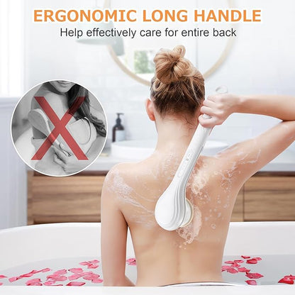 Electric Body Brush Rechargeable Back Scrubber for Shower Exfoliating Bath Brush Long Handle for Shower Lotion Applicator for Back Silicone Body Scrubber with 6 Shower Brush Heads