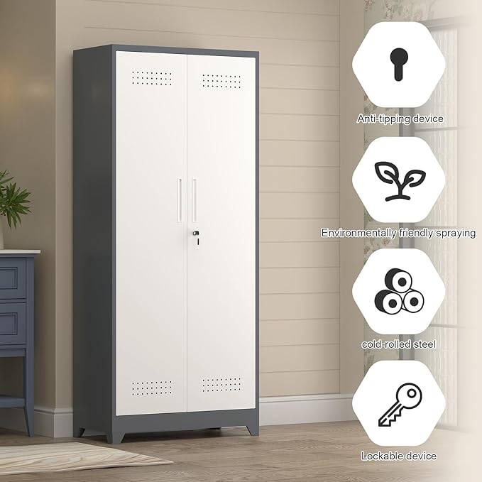 73" H Garage Storage Cabinet,Broom Closet Storage Cabinet with Adjust Shelves,Utility Cabinet,Utility Closet for Garage,Office,Gray-White