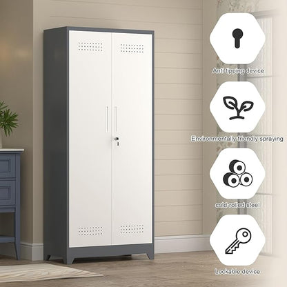 73" H Garage Storage Cabinet,Broom Closet Storage Cabinet with Adjust Shelves,Utility Cabinet,Utility Closet for Garage,Office,Gray-White