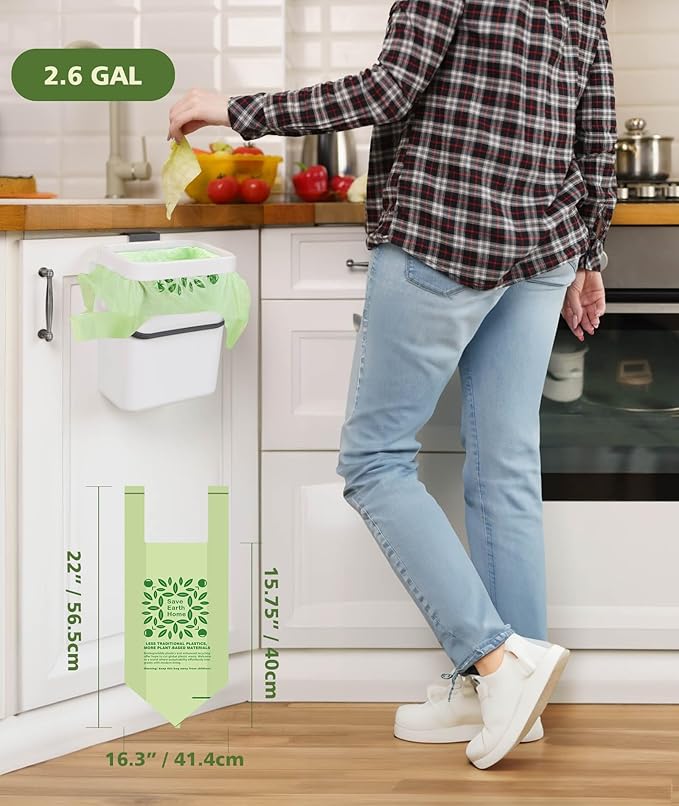 AYOTEE 2.6 Gallon Compost Bags with Handle Tie, 75 Count Small Biodegradable TrashBags 2.6 Gallon Trash Bag, Certified By ASTM Standard Mini Compost Kitchen Food Scrap Waste Bags for Compost Bin Green