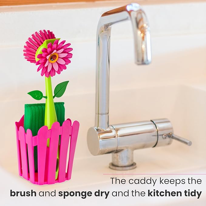 Vigar Flower Power 3-in-1 Kitchen Sink Caddy Set, Flower-Shaped Dish Brush, Sponge, Fence-shaped Holder and Suction Cup, Ideal Sink Organizer, Pink