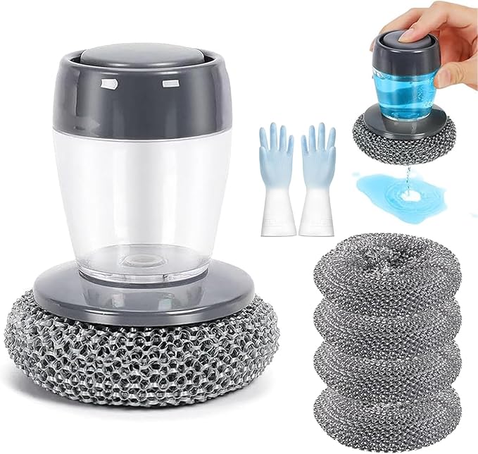 2026 New Comfort Grip Soap Dispensing Kitchen Scrub, Comfort Grip Soap Dispenser, Replaceable PET Cleaning Brush Without Soap, Non-Slip Handle for Cleaning Dishes (1 Set+4 Pcs Replacement Parts)
