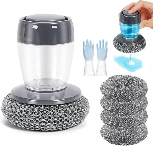 2026 New Comfort Grip Soap Dispensing Kitchen Scrub, Comfort Grip Soap Dispenser, Replaceable PET Cleaning Brush Without Soap, Non-Slip Handle for Cleaning Dishes (1 Set+4 Pcs Replacement Parts)