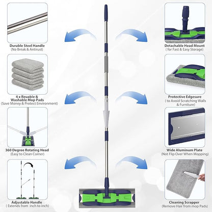 Microfiber Mops for Hardwood Floor Cleaning: MEXERRIS Flat Floor Mop with 4 Washable Pads 59" Adjustable Handle - Dust Dry Mops for Kitchen Bathroom Tile Laminate Wood Vinyl - Home Commercial Mop