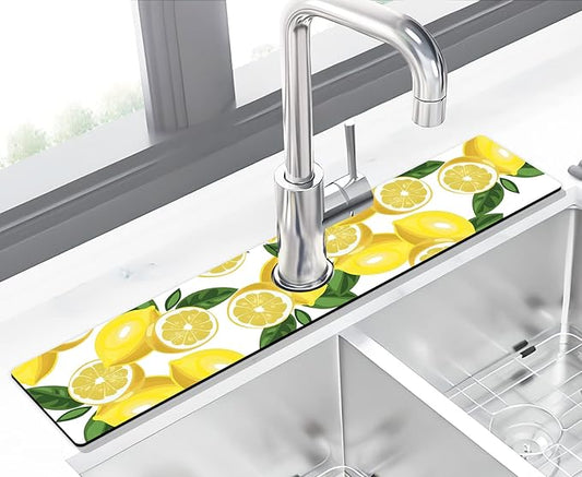 Kitchen Sink Splash Guard Faucet Mat Super Absorbent Fast Drying Mat Sink Gadgets Splash Guard Behind Faucet Drip Catcher for Kitchen (Lemon-1, 23.5x5.5in)
