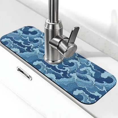 Waves Japan Blue 15" X 5.5" Kitchen Sink Splash Guard Faucet Faucet Guard Draining Mat Sink Splash Guard Faucet Kitchen Bathroom