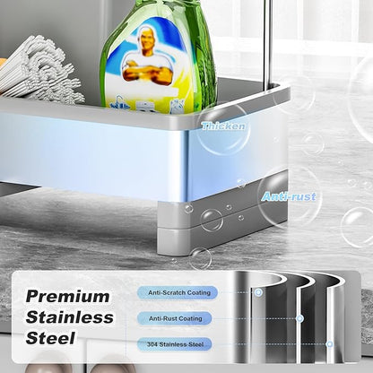 Ewaiira Stainless Steel Sink Caddy, Sponge Holder for Kitchen Sink with Brush Holder & Dishcloth Rack, Rustproof Sink Organizer Countertop, Kitchen Organizers Storage Essentials (F-Gray 9.8″)
