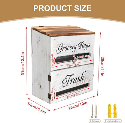 2 in 1 Trash Bag Dispenser, Double Wall Mounted,Wood Trash Bag Holder, used in kitchen, garage, laundry room, can store Environmentally friendly food bags (Vintage/Large(10inch*5.5inch*12.2inch）)