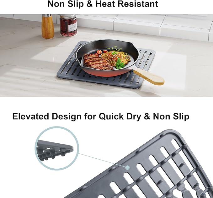 GSlife Expandable Over the Sink Dish Drying Rack with Silicone Sink Protector - Stainless Steel Dish Drainer with Locking Knob, Adjustable Dryer Strainer for Kitchen, 12.8" W x 10.8"-17.9" L, Silver