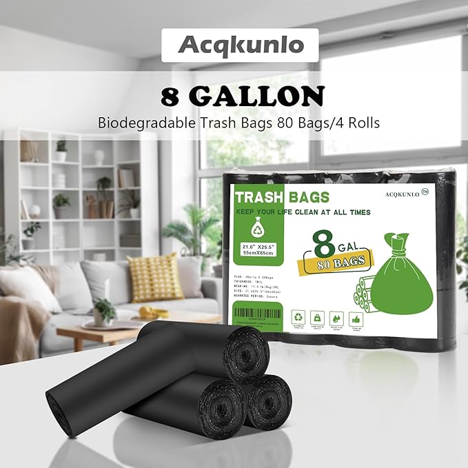 8 Gallon Biodegradable Black Trash Bags - Compostable Tall Kitchen Garbage Bags 80 Count Recycling Unscented Office Outdoor Thick Strong Medium Size Can Waste Basket Liners Acqkunlo