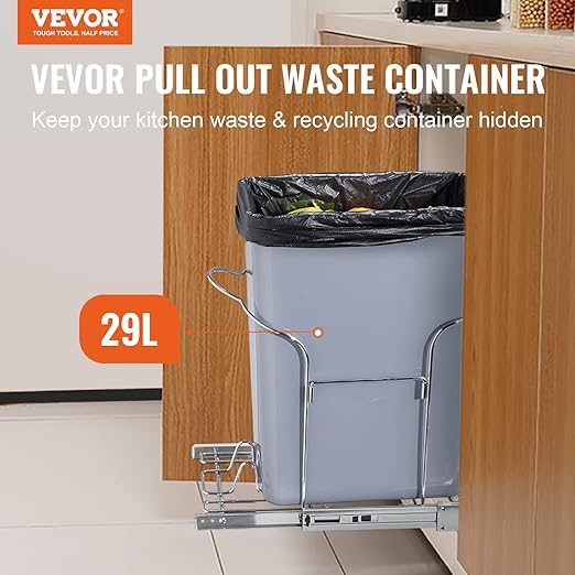 VEVOR Pull-Out Trash Can, 29L Single Bin, Under Mount Kitchen Waste Container with Slide and Handle, 110 lbs Load Capacity Heavy Duty Garbage Recycling Bin for Kitchen Cabinet, Sink, Under Counter