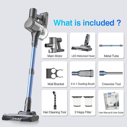Zefiro Cordless Vacuum Cleaner for Home, 500W/45Kpa 50Mins Stick Vacuum, Anti-Tangle 1.5L Dust Cup, Rechargeable Wireless Handheld Vacuum for Pet Hairs/Carpets/Floors