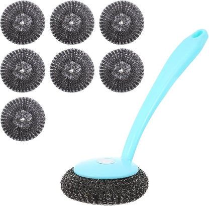 Kitchen Pot Scrubber with Handle and 8 Stainless Steel Wire Balls Dish Cleaning Brush for Pots Pans Sinks 9.64X3.14X2.55In