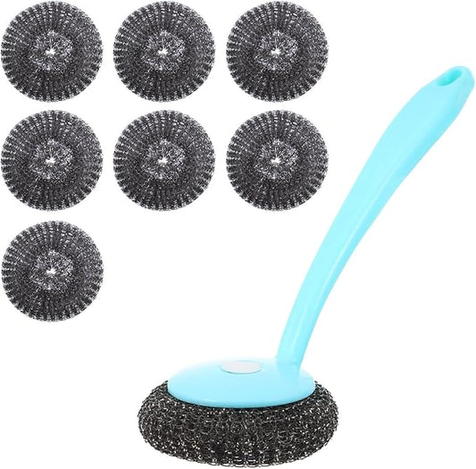 Kitchen Pot Scrubber with Handle and 8 Stainless Steel Wire Balls Dish Cleaning Brush for Pots Pans Sinks 9.64X3.14X2.55In