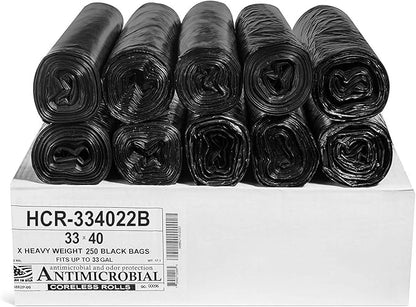 Aluf Plastics High Density Trash Bags, 33 Gallon, 250 Count, 22 Micron (eq), 33" x 40", Black, for Bathroom, Office, Industrial, Commercial, Janitorial, Municipal, Recycling