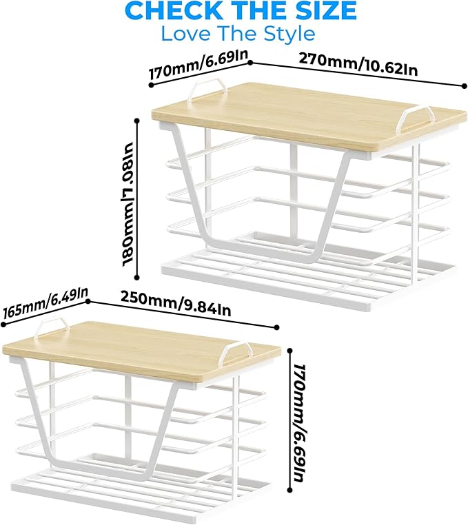 2 Pack Stackable Trash Bag Holders with Wood Top, Large & Small Garbage Bag Dispenser for Kitchen, Pantry, Laundry Room Organization, Wall Mount or Countertop Use, White