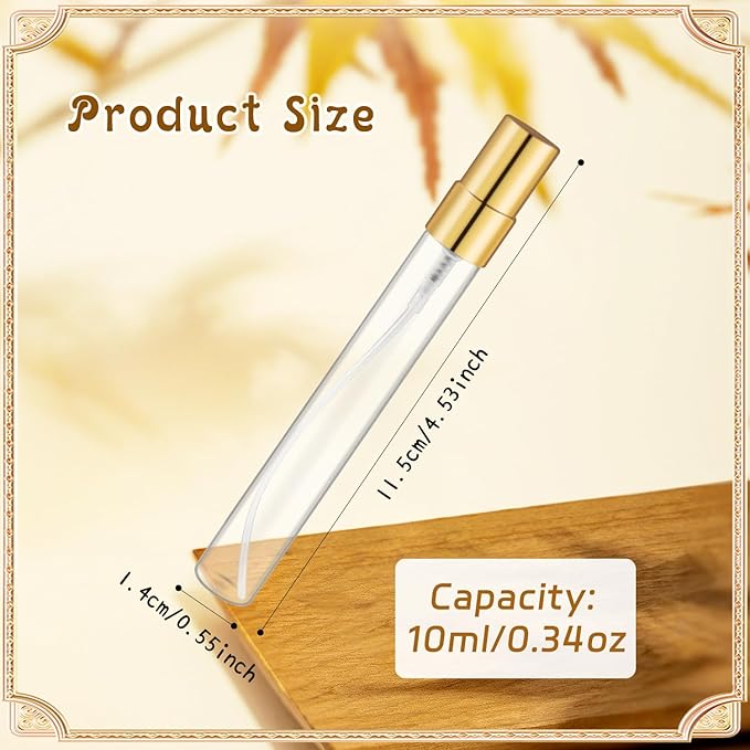 50 Pcs 10ml/0.34oz Fine Mist Glass Bottle Mini Transparent Spray Vials Empty Refillable Perfume Bottles for Cosmetic Perfume Liquid Sample DIY Sprays - Gold Lids