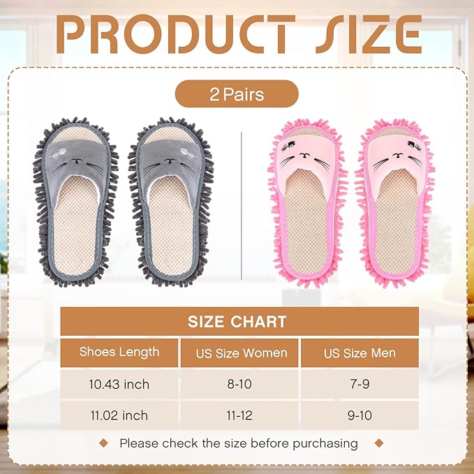 HooLing 2 Pairs Microfiber Mop Slippers for Floor Cleaning Detachable House Mop Shoes Men and Women Washable Unisex Dusting Slippers Dirt Tool Supplies(Gray, Pink,Men's 7-9, Women's 8-10)