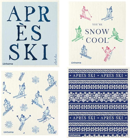 Christmas Holiday Ski Collection Swedish Dishcloth, Reusable Paper Towel, Super Absorbent Cellulose Sponge, Washable Kitchen Cleaning Cloth (Ski Lodge - 4 Pack)