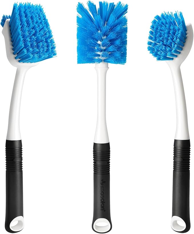 MOSOLAN Dish Brush Set of 3 with Water Bottle Brush, Dish Scrub Brush and Scrubber Brush, Long Handle Kitchen Scrub Brushes for Dishes, Bottles, Cups, Pots, Pans and Sinks, Flat Head