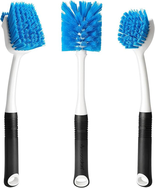 MOSOLAN Dish Brush Set of 3 with Water Bottle Brush, Dish Scrub Brush and Scrubber Brush, Long Handle Kitchen Scrub Brushes for Dishes, Bottles, Cups, Pots, Pans and Sinks, Flat Head