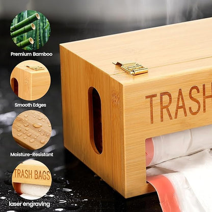 Libreshine Bamboo Garbage Bag Holder, Multi-Mount Space-Saving Trash Bag Organizer for Kitchen, Pantry, Holds 8-33 Gallon Rolls & 50+ Grocery Bags, Under-Sink/Wall-Mounted/Cabinet Storage