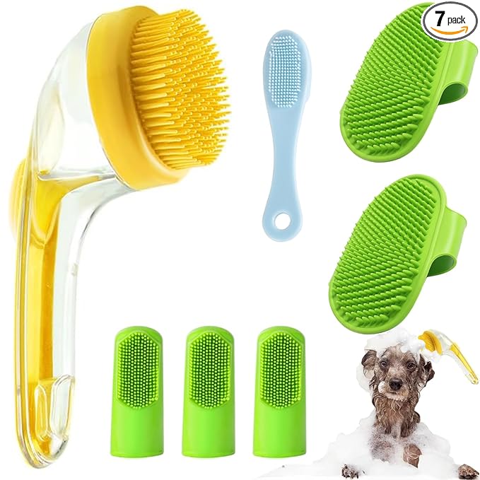 7 PCS Pet Bath Brush Set, Dog Bath Brush with Shampoo Dispenser, Cat Chin Cleaning Brush, Dog Toothbrush, Adjustable Glove Massage Brush, Pet Scrubber for Bathing Long Short Haired Dogs Cats (Yellow)