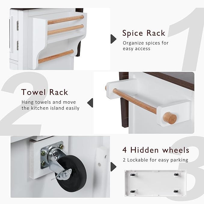 54.9" Large Kitchen Island with Drop Leaf, Power Outlet, Kitchen Storage Islands with Cross Barn Doors & Visual Glass Door, Rolling Kitchen Cart on 4 Wheels, White