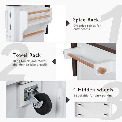 54.9" Large Kitchen Island with Drop Leaf, Power Outlet, Kitchen Storage Islands with Cross Barn Doors & Visual Glass Door, Rolling Kitchen Cart on 4 Wheels, White