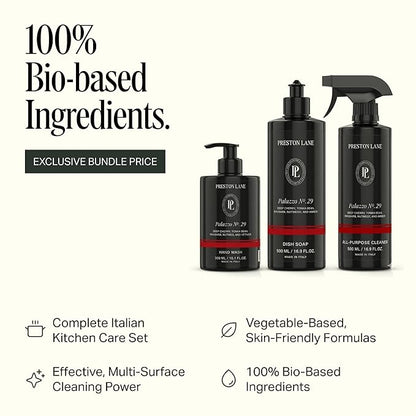 Preston Lane Luxury Kitchen Set – Hand Wash, Dish Soap & All-Purpose Cleaner | Plant-Powered Cleaning Essentials Bundle with Fine Italian Fragrance, Palazzo No. 29 Scent