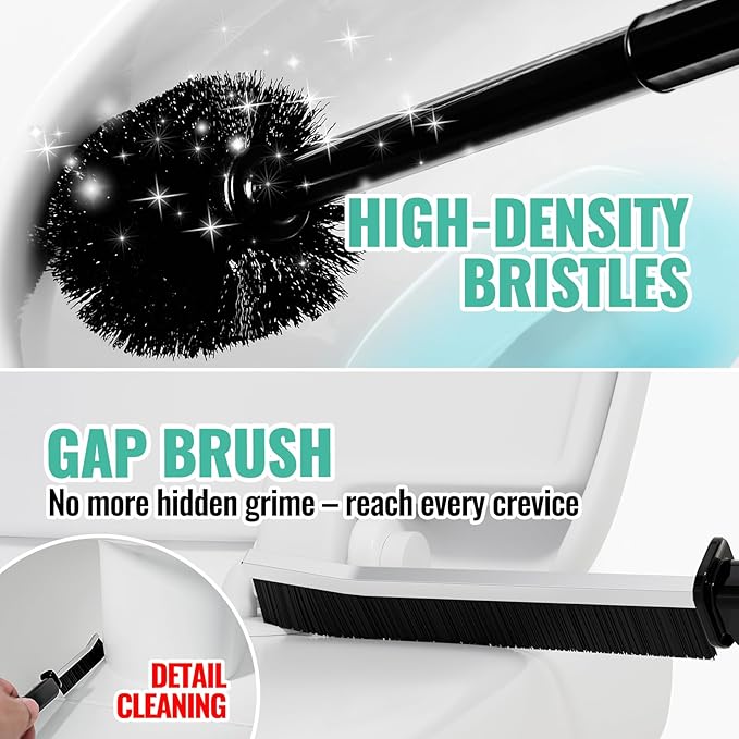 2PACK 3 in 1 Toilet Brush and Plunger Set with Crevice Cleaning Brush, Toilet Plunger and Brush Set with Extra Long Handle, Plungers for Bathroom Accessories, Bright Black
