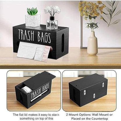 Trash Bag Dispenser, Wall Mount Trash Bag Holder Dispenser with Lid Wooden Kitchen Trash Bag Roll Organizer Plastic Garbage Bag Storage for Cabinet. (Black)