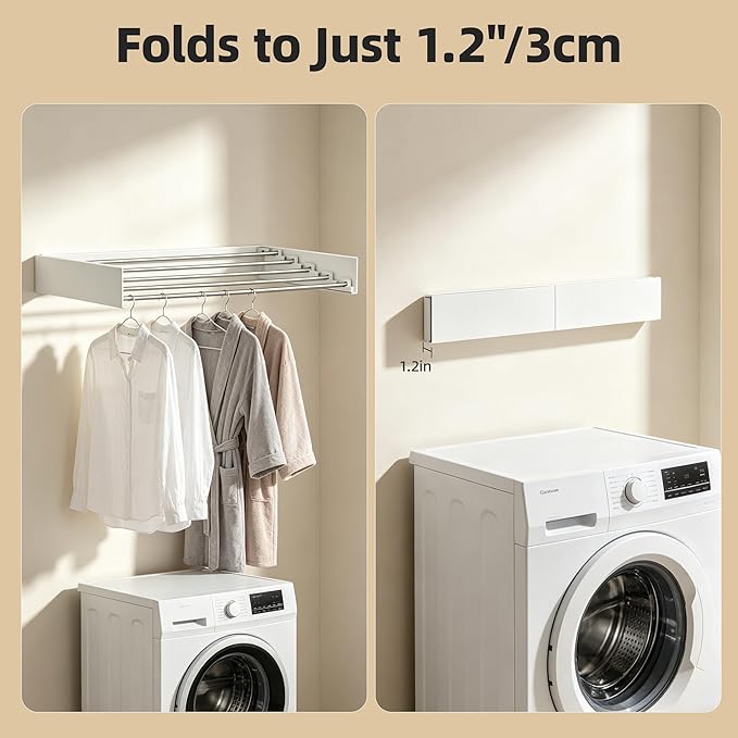 Wall Mounted Clothing Drying Rack 32“ Folds to 1.2” Ultra-Thin Space Saving Clothes Laundry Rack Holds 50 lbs Rust-Resistant Collapsible Space Aluminum for Apartment, RV, Laundry Room, White