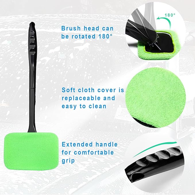 Augeny Car Windshield Cleaning Tool, Microfiber Window Cleaner Set with 4 Washable and Reusable Cloth Pad Head, Detachable & Unbreakable Handle and Spray Bottle, Universal Car Glass Cleaner Kit