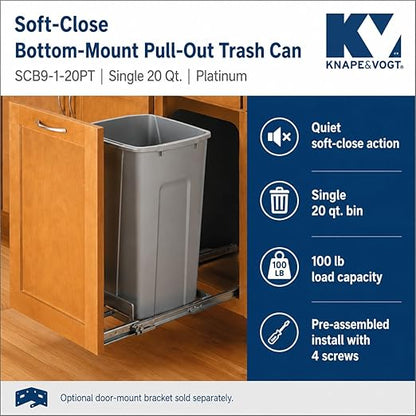 Knape & Vogt SCB9-1-20PT 8.375 inch x 20.125 inch x 17.313 inch 20 Qt. in-Cabinet Single Soft-Close Bottom-Mount Pull-Out Trash Can, Platinum