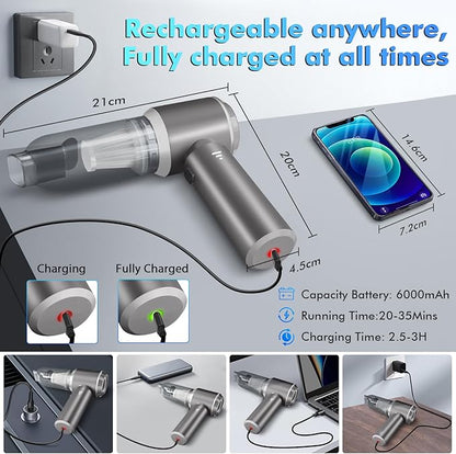 Car Vacuum Portable Cordless, 20000Pa 4-in-1 Handheld Cleaner & Air Duster, 80000RPM Brushless Motor, Type-C Charging, HEPA Filter, Storage Case for Car Home Office (Silver)