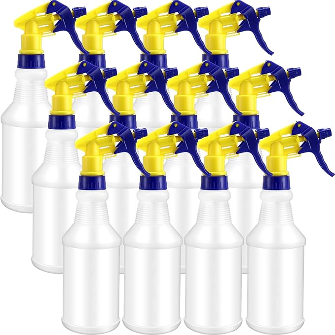 Eccliy 12 Pcs 16 Oz Plastic Spray Bottle, Adjustable Empty Reusable Sprayer for Cleaning, Planting, Water, Bathroom and Kitchen, BBQ, Commercial and Residential (Original,Yellow,Blue)