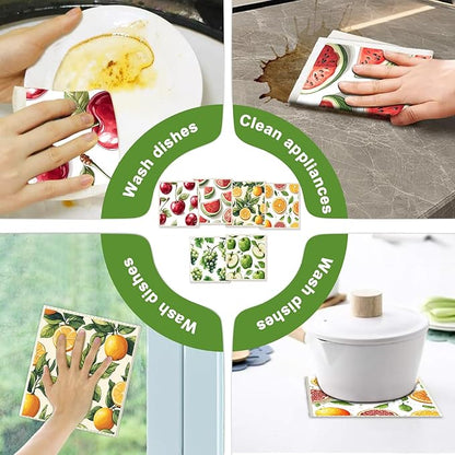 6 Pack Swedish Dishcloths for Kitchen - Reusable Dish Paper Towels Cloths Washable,Absorbent Cellulose Cleaning Sponge Cloth Wipes Quick Dry, Decorative Tea Towels,No Odor Biodegradable(Fruit)